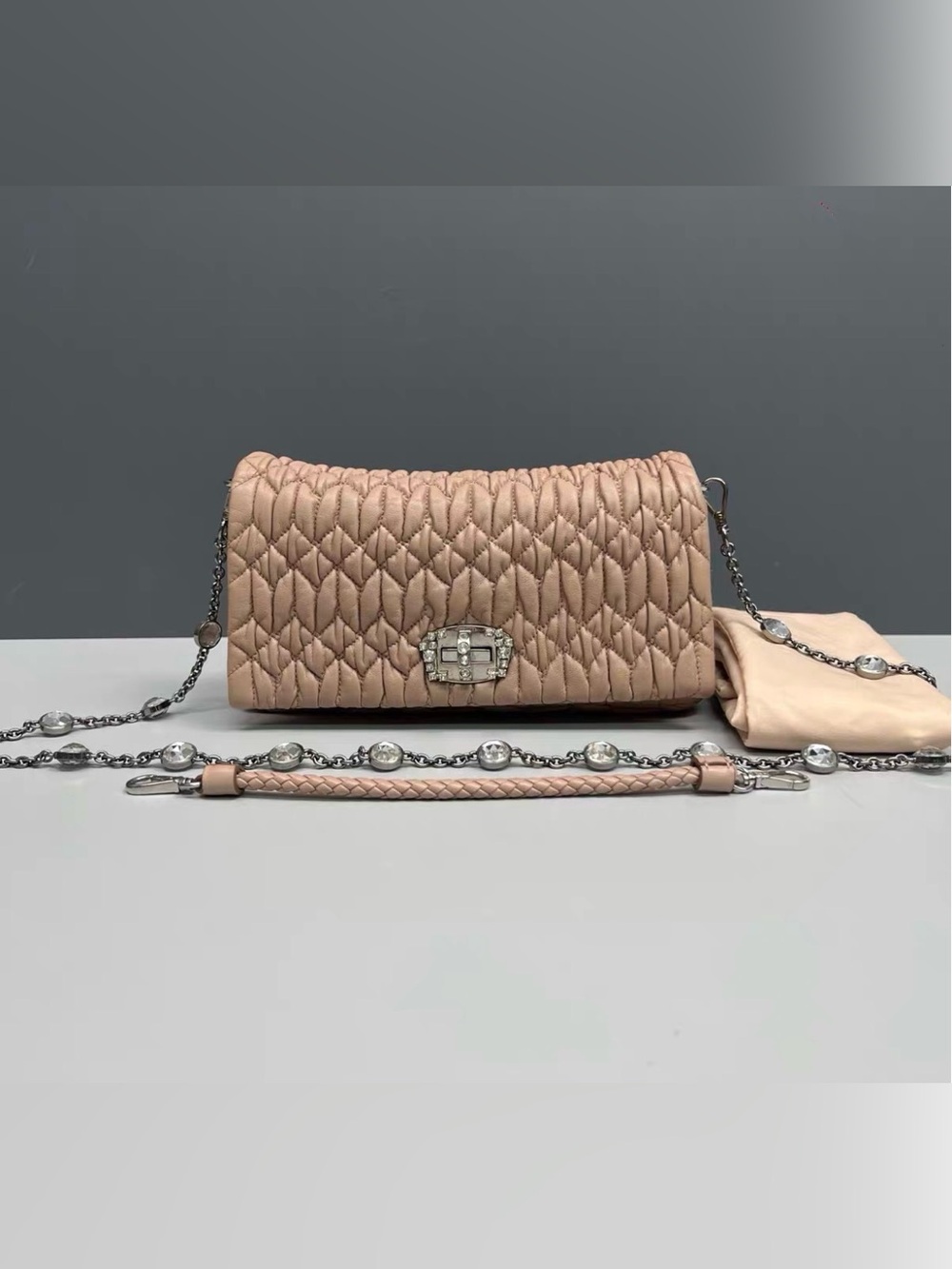 Miu Miu Quilted Blush Pink Chain-Accent Crossbody Bag